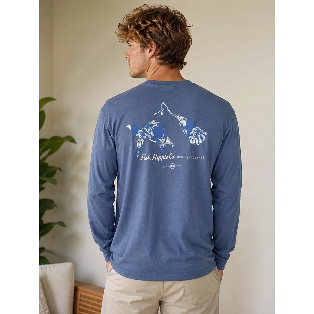Fish Hippie Co Mens Blue Drift Off Course Tropical Fish Graphic Long Sleeve Sz L